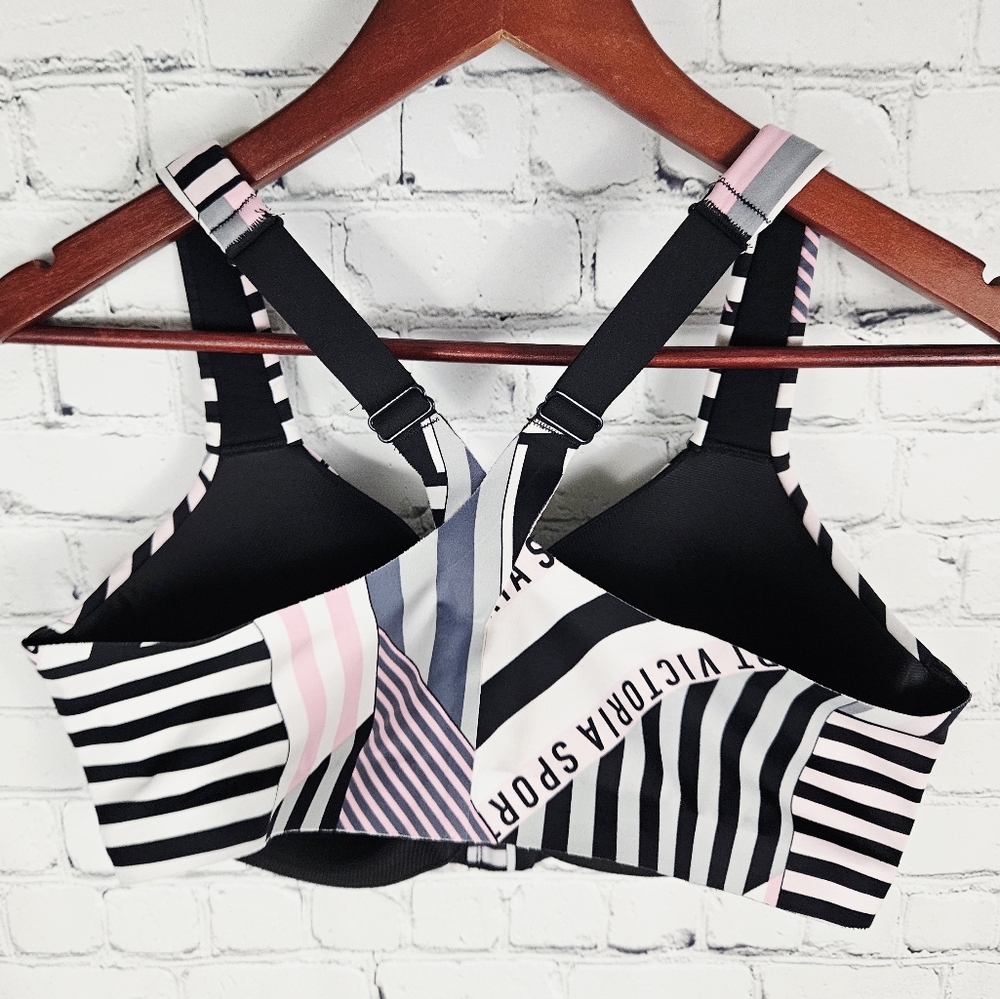 Victoria's Secret Black, White & Pink Striped Front-Zip Sports Bra - Picture 3 of 4